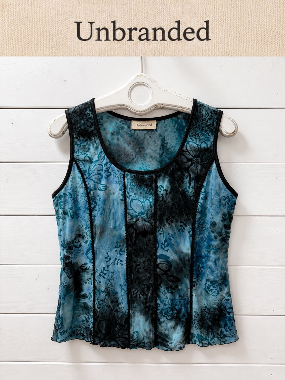 Y2K Blue & Black Velvet Floral Top Estimated Size XL
